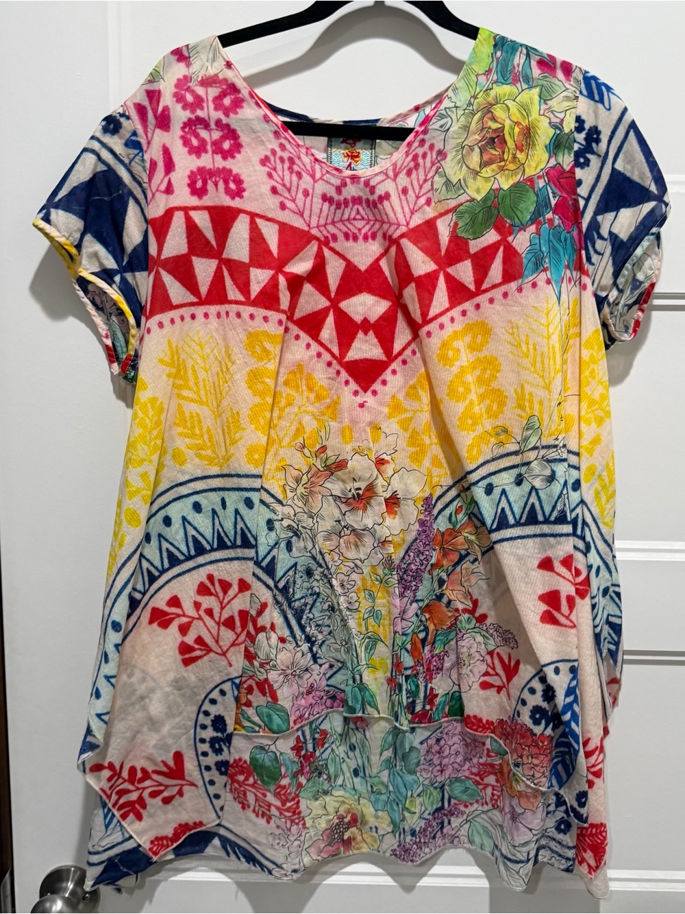 Johnny Was Multicolor Floral & Geometric Short Sleeve Top